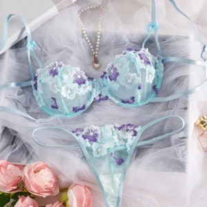 Light Blue Floral Embroidered Sheer Lingerie Set