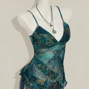 Ruffled Camisole with Sheer Overlay  V-Neck