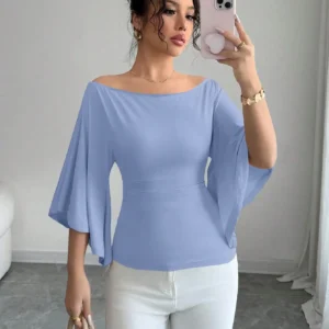 Women's Boat Neck Fitted Flare Sleeve Knit Top
