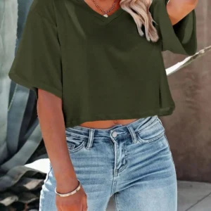Women V Neck Cropped T Shirt