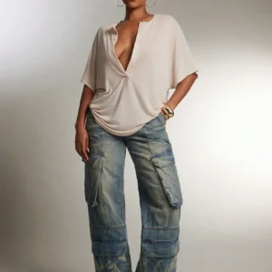 Oversized Plunge Neck Semi Sheer Top