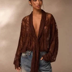 Brown Lace Sheer Blouse for Women, V-Neck