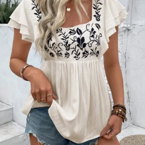 Women's Square Neck Top with Ruffle Sleeves