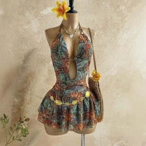 Printed hanging neck dress Deep V hollowed out waist