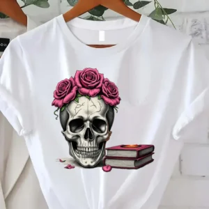 T-shirt Skull with Roses and Books