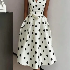 Women's V-Neck Sleeveless Polka Dot Wrap Dress