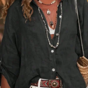 Casual Rolled Cuff And Button Detail Turn-Down Collar